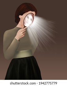 A woman holds a mirror close to her face as rays of light are emitted in this 3-D illustration about self evaluation or introspection.