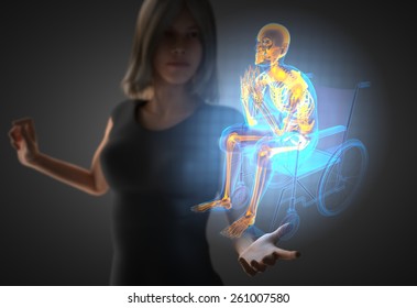 woman and hologram with man in wheelchair
