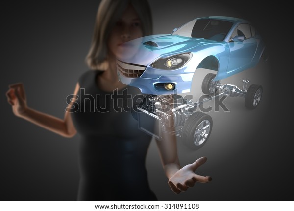 woman and hologram with sport\
car