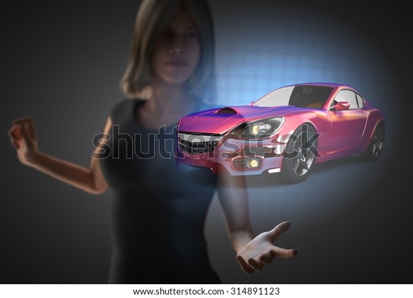 woman and hologram with sport\
car