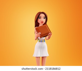 Woman and a huge chocolate bar, 3d render. Pretty woman loves chocolate. Illustration for advertising a candy store. - Powered by Shutterstock