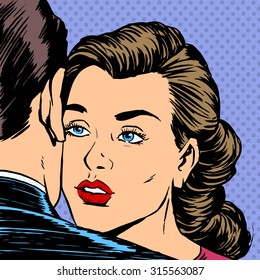 Woman Hugging Man With The Sad Face Parting Love Dating Sadness Pop Art Retro Style