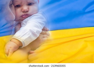  woman hugs a baby with a serious frightened face against the background of the ukrainian flag.  conceptual illustration of the war in ukraine