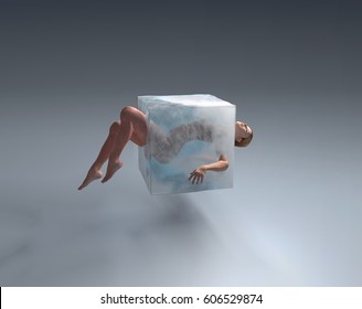 Woman in ice cube, 3d illustration 
