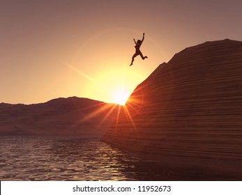 A Woman Jumping From A Cliff In To The Water.