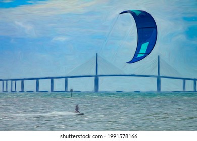 Woman kiteboarder crossing water near skyway bridge above Lower Tampa Bay on a breezy morning in west central Florida, with digital painting effect. 3D rendering.