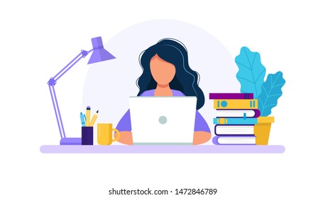 Woman with laptop, studying or working concept. Table with books, lamp, coffee cup. Illustration in flat style - Powered by Shutterstock