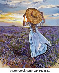 Woman In Lavender Field Painting Original Oil On Canvas Art Hand Made 