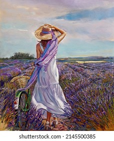 Woman In Lavender Field Painting Original Oil On Canvas Art Hand Made 