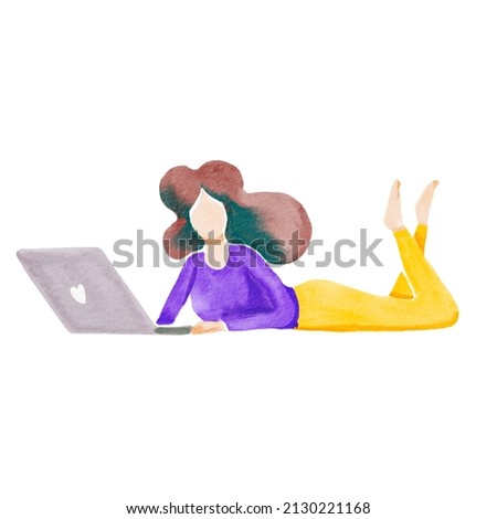woman lay down on bed or floor using laptop to work or relax