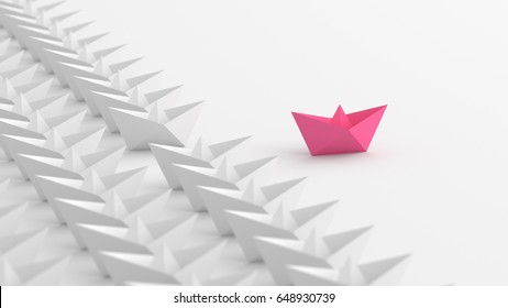 Woman Leadership Concept, Pink Leader Boat, Standing Out From The Crowd Of Whites. 3D Rendering