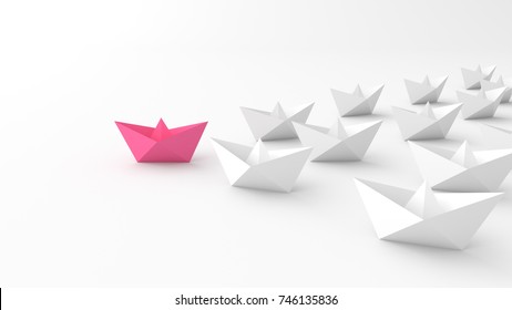 Woman Leadership Concept, Pink Leader Boat Leading Whites. 3D Rendering