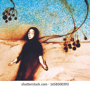      A Woman Leans Against The Wind And Lets Go -painted In Grains Of Sand.                          