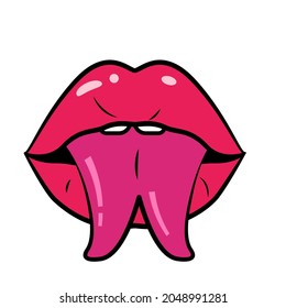 Woman Lips Pop Art Retro Style. Red Open Mouth With Split Tongue.  Illustration