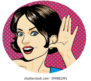 Woman Listening Pop Art Retro Comic Style Illustration