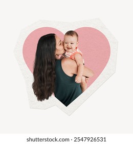 A woman with long hair kisses a smiling baby. Heart-shaped background. Mother and baby bond. Love and affection. Happy baby, loving mother. Mother kissing her baby in a heart. - Powered by Shutterstock