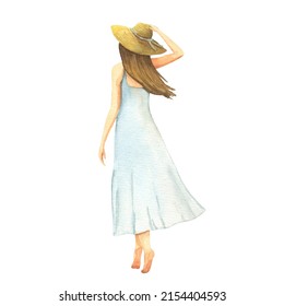 Woman in long white dress and hat stands barefoot on tiptoe on seashore. Watercolor romantic illustration isolated on white. Female figure from back.