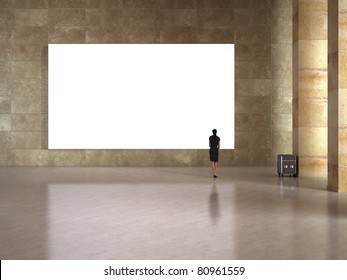 Woman Look At The Blank Frame In Art Gallery