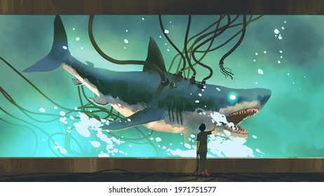 woman looking at the experimental shark in a big fish tank, digital art style, illustration painting