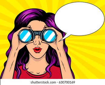 Woman looks through binoculars pop art retro raster illustration. Comic book style imitation.