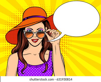 Woman looks through sunglasses pop art retro raster illustration. Text bubble. Comic book style imitation.
