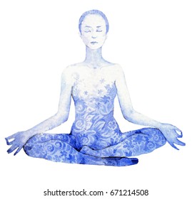 Woman Lotus Position Watercolor Stock Illustration 671214508 Shutterstock