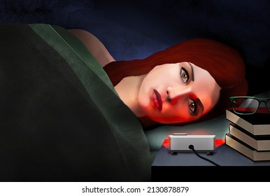 A Woman Lying Down In Bed With Eyes Wide Open Is Seen In A 3-d Illustration About Insomnia.