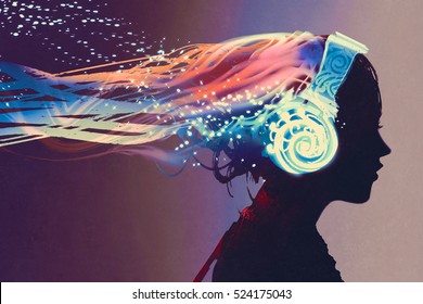 woman with magic glowing headphones on dark background,illustration painting - Powered by Shutterstock