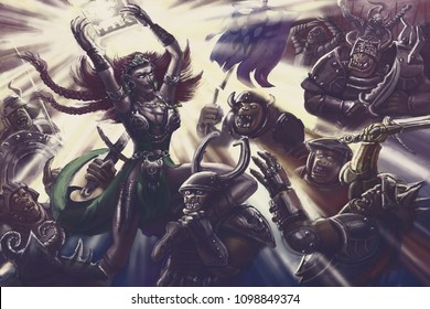 Woman magic warrior light against orcs army  Colourful picture in the genre fantasy 
