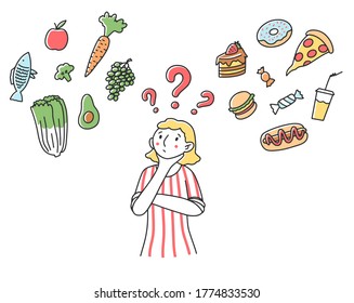 Woman Making Choice For Her Diet Flat Illustration. Female Character Thinking About Healthy And Unhealthy Food. Good Vs Bad Choice. Health, Snack And Junk Food Concept.