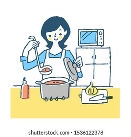 Woman Making Soup In Kitchen