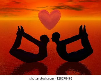 A Woman And A Man Doing Yoga Pose And Almost Kissing Under A Big Heart In Red Background