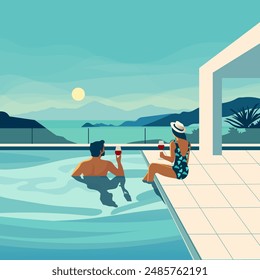 A woman with a man drinking wine in a modern swimming pool with a very beautiful view  of the sunset and sea. Flat design illustration.  - Powered by Shutterstock