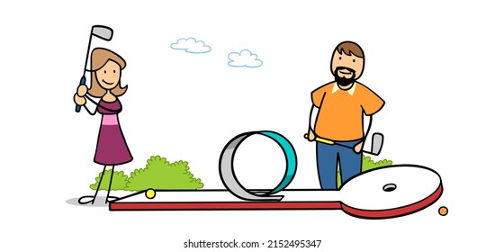 Woman And Man As Friends Or As A Couple Playing Mini Golf In Their Free Time