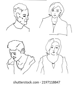 Woman And Man Set Line Portraits People Face Woman Teacher Old Man. One Line Minimalistic Realistic Cartoon Man Image Comic Style. Character Daily Life Clip Art Simplified Design Portrait Hand Drawing