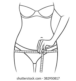 Woman measuring the size of her thighs with tape measure, outline artwork