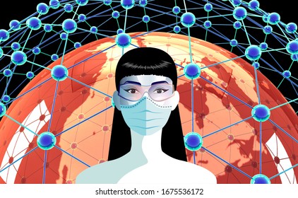 Woman With Medical Face Mask. Concept Of Coronavirus Quarantine In Europe, Usa, China .COVID-19 Concept Resposible For Disease  Outbreak.