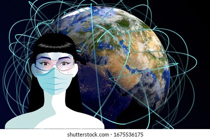 Woman With Medical Face Mask. Concept Of Coronavirus Quarantine In Europe, Usa, China .COVID-19 Concept Resposible For Disease  Outbreak.