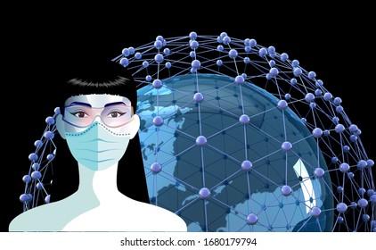 Woman With Medical Face Mask. Concept Of Coronavirus Quarantine In Europe, Usa, China .COVID-19 Concept Resposible For Disease  Outbreak.