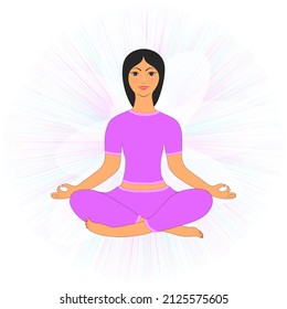 The woman meditates and leaves. Conceptual illustration for yoga, meditation, relaxation, relaxation, healthy lifestyle.