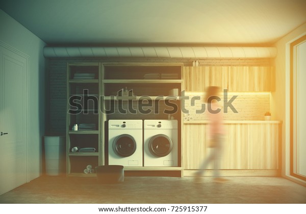 Woman Modern Laundry Room Interior White Stock Illustration