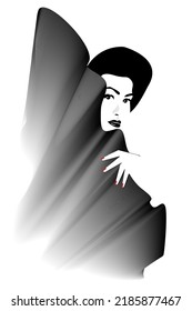A woman mostly hidden behind some fabric is featured 