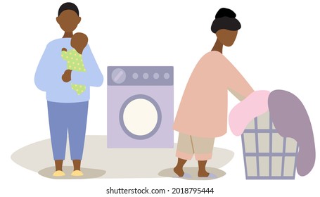 Woman Mother Father Black Family Kid Washing Machine Man Baby Household Chores Housewife Cleaning Basket With Dirty Laundry Home