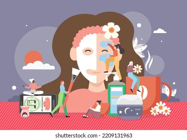 Woman Night Time Routine That Helps To Sleep Better, Flat Illustration. Yoga And Meditation, Cup Of Herbal Tea, Home Beauty Skincare Routine. Sleep Care Evening Habits Concept.