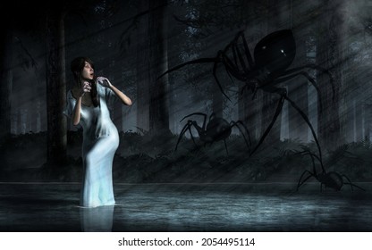 A woman in a nightgown wades in shallow water in the middle of a dark forest.  She recoils in fear as giant black spider approach her.  Is this real or just a nightmare? 3D Rendering