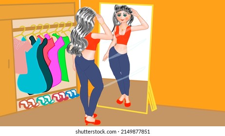 A woman observes her beauty in the mirror, and she has no ugliness complexes, she loves herself. Illustration of a woman trying on clothes in front of the mirror.