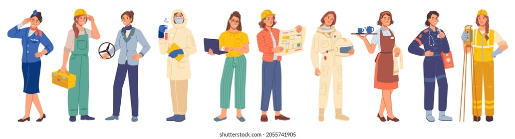 Woman occupations and professions isolated people set. road worker, astronaut and programmer. Driver and ambulance doctor. Pilot, engineer, repairman and waiter, laboratory assistant scientist