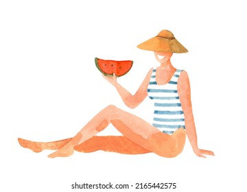 Woman on the beach. Watercolor illustration on white background - Powered by Shutterstock