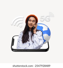 Woman on phone with 5G and Wi-Fi symbols. Technology, 5G, and Wi-Fi concepts. Young woman using phone, connected with 5G and Wi-Fi. Social media and telecommunication, mixed media. - Powered by Shutterstock