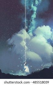 The Woman On A Swing Under The Night Sky With Stars And Clouds,illustration Painting